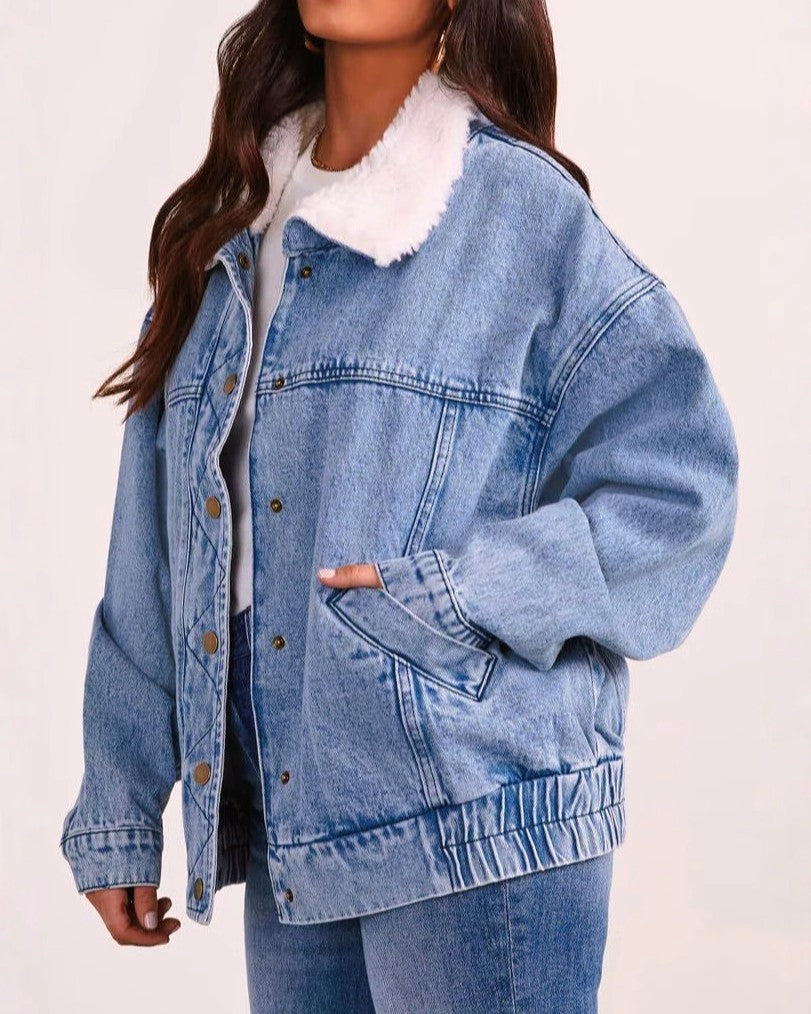 Oversized Denim Jacket With Sherpa Collar - Blue