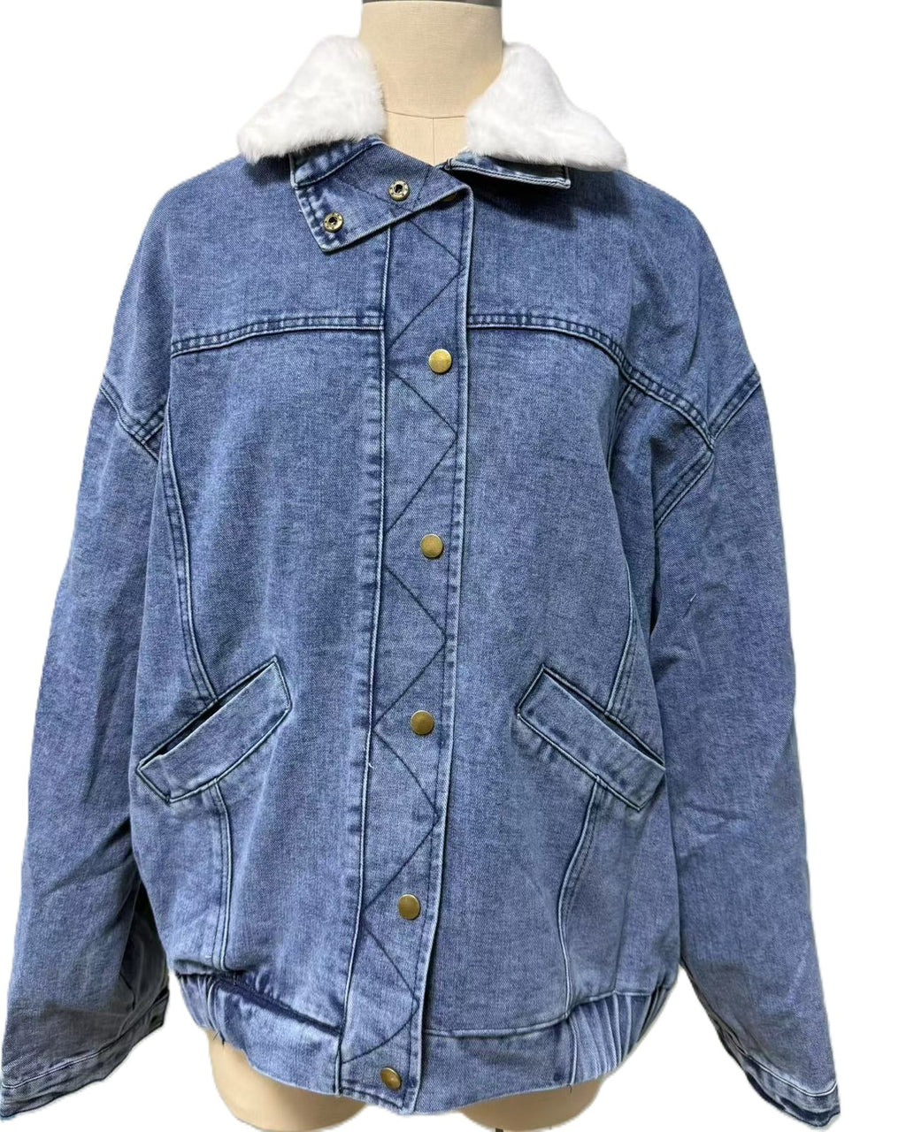Oversized Denim Jacket With Sherpa Collar - Blue - 1