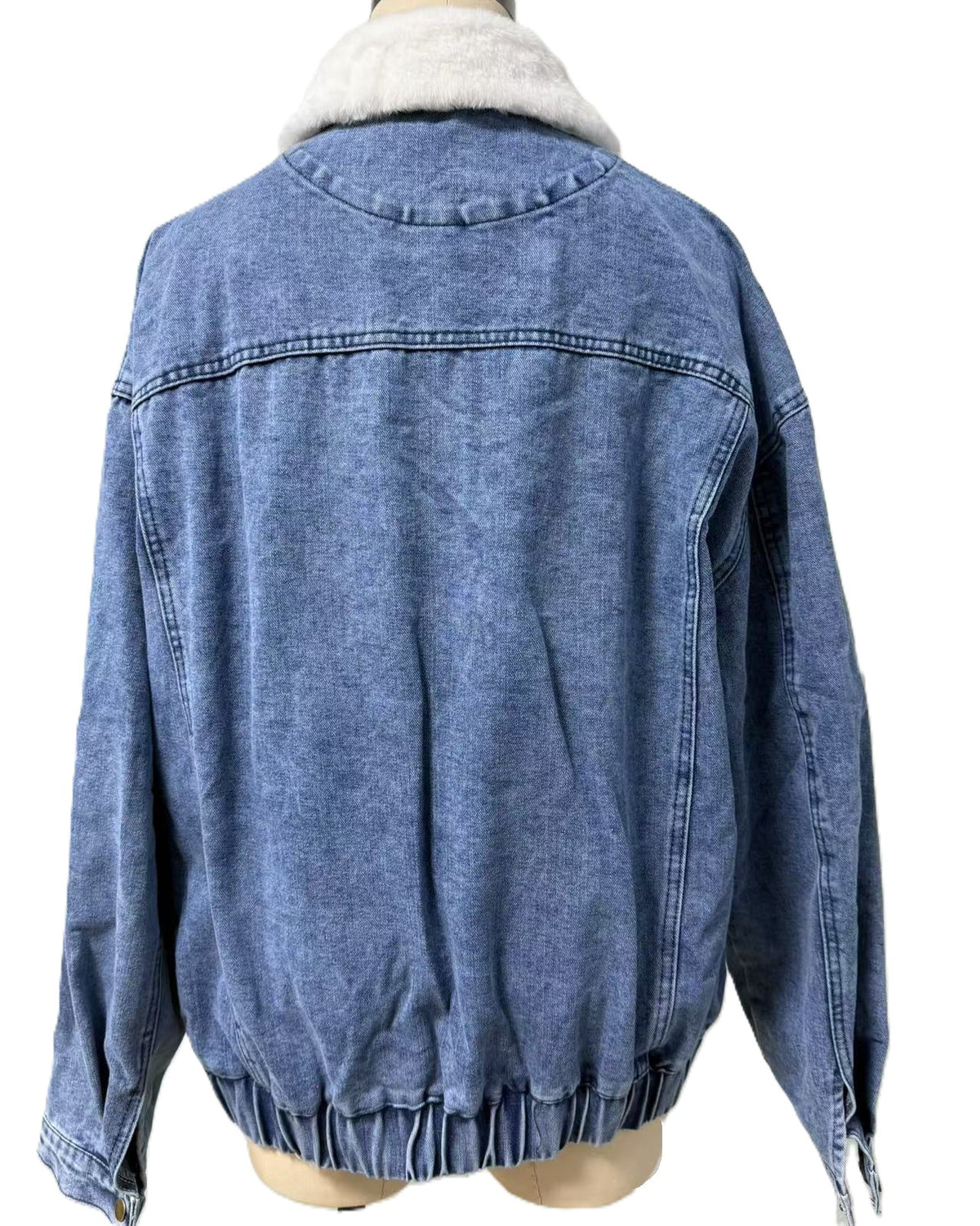 Oversized Denim Jacket With Sherpa Collar - Blue - 2