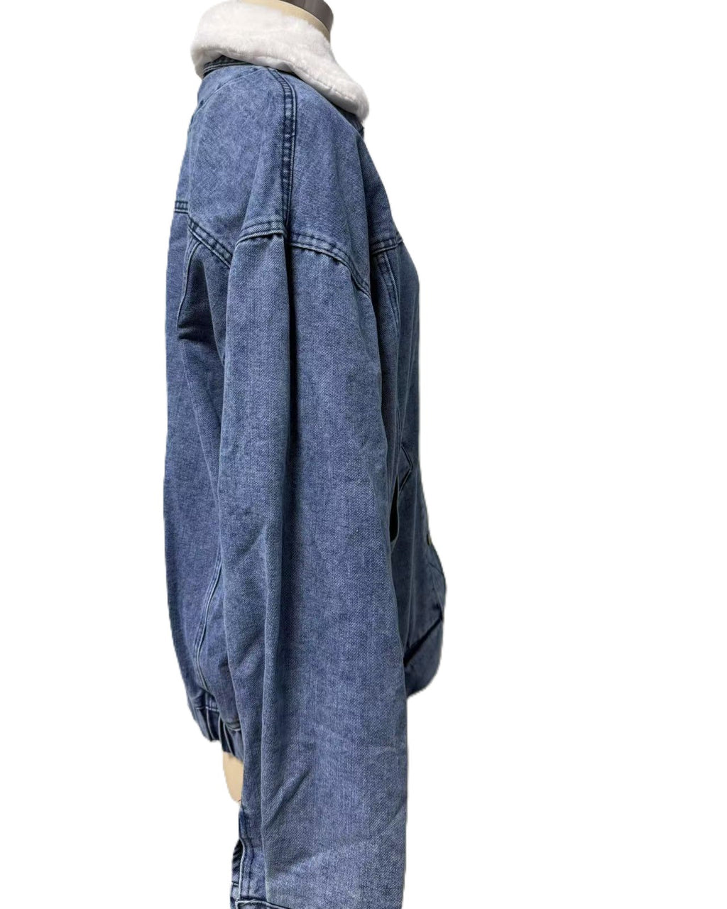 Oversized Denim Jacket With Sherpa Collar - Blue - 3