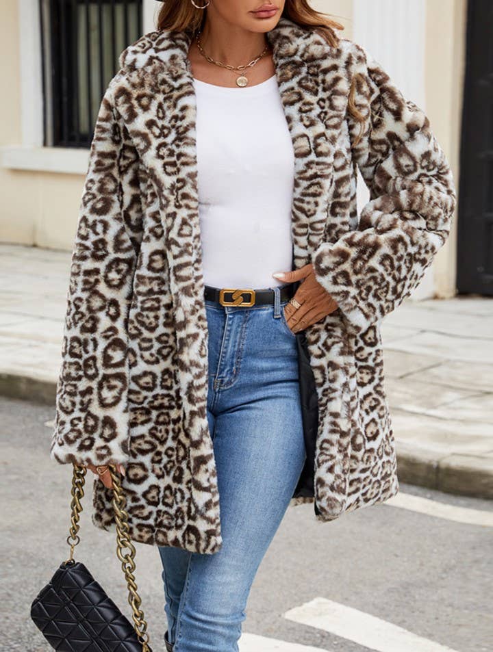 Leopard Plush Midi Faux Fur Coat
