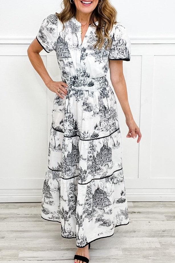 Toile Print Puff Sleeve Tiered Maxi Dress - black