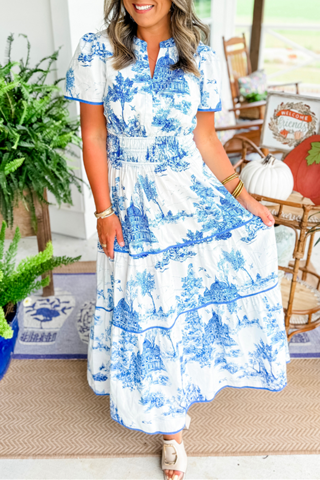 Toile Print Puff Sleeve Tiered Maxi Dress - blue - 2