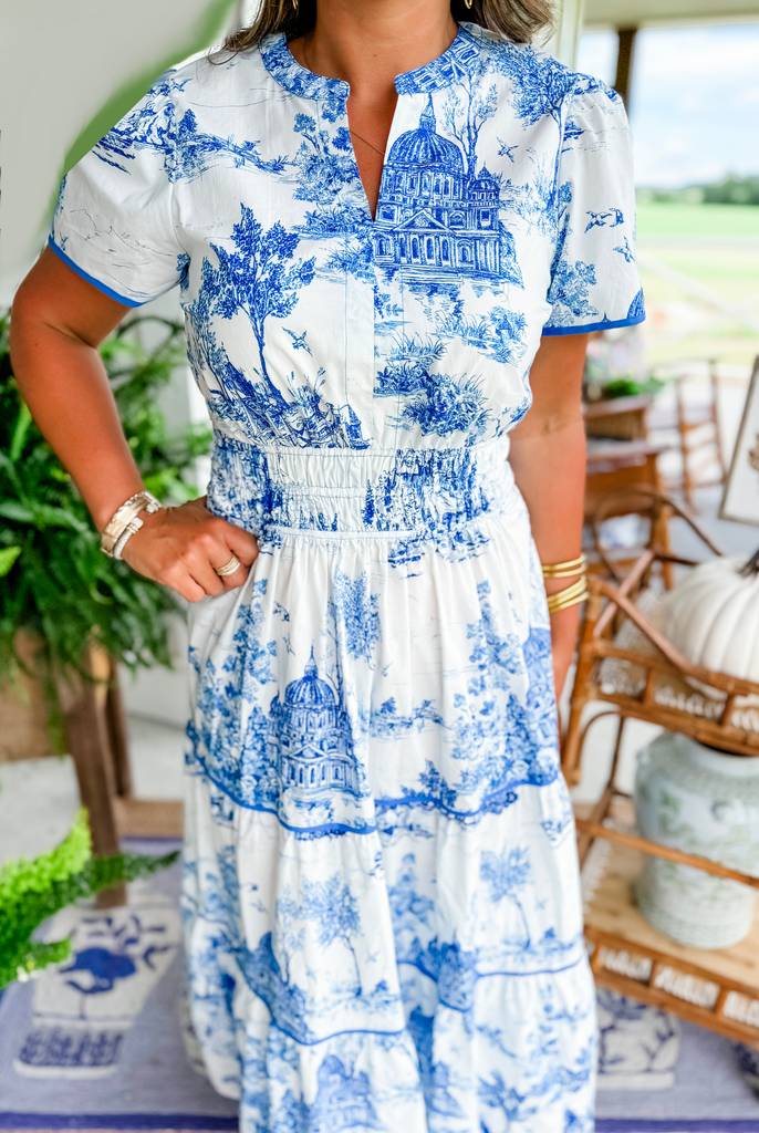 Toile Print Puff Sleeve Tiered Maxi Dress - blue - 4