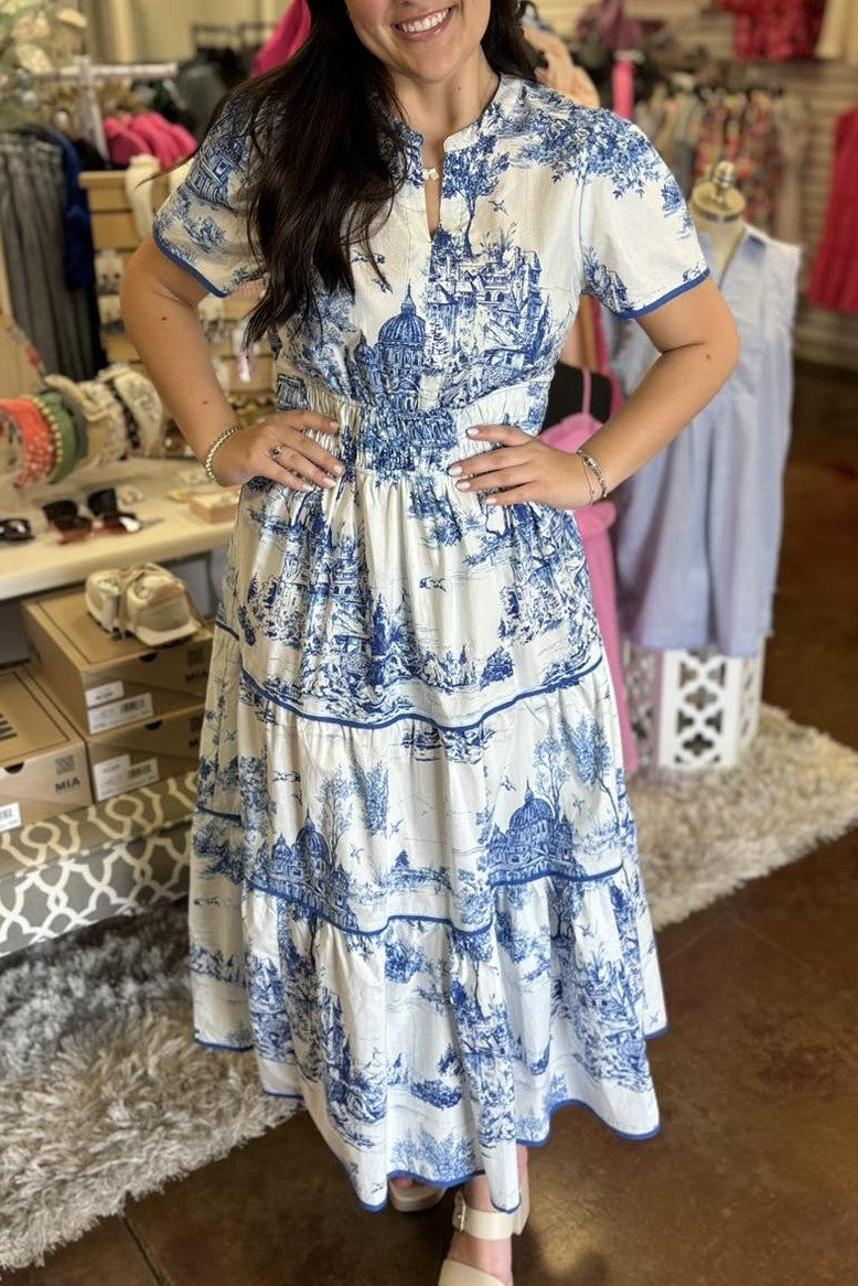 Toile Print Puff Sleeve Tiered Maxi Dress - blue - 5