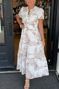 Toile Print Puff Sleeve Tiered Maxi Dress - brown
