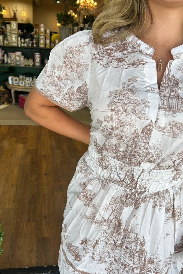 Toile Print Puff Sleeve Tiered Maxi Dress - brown - 1