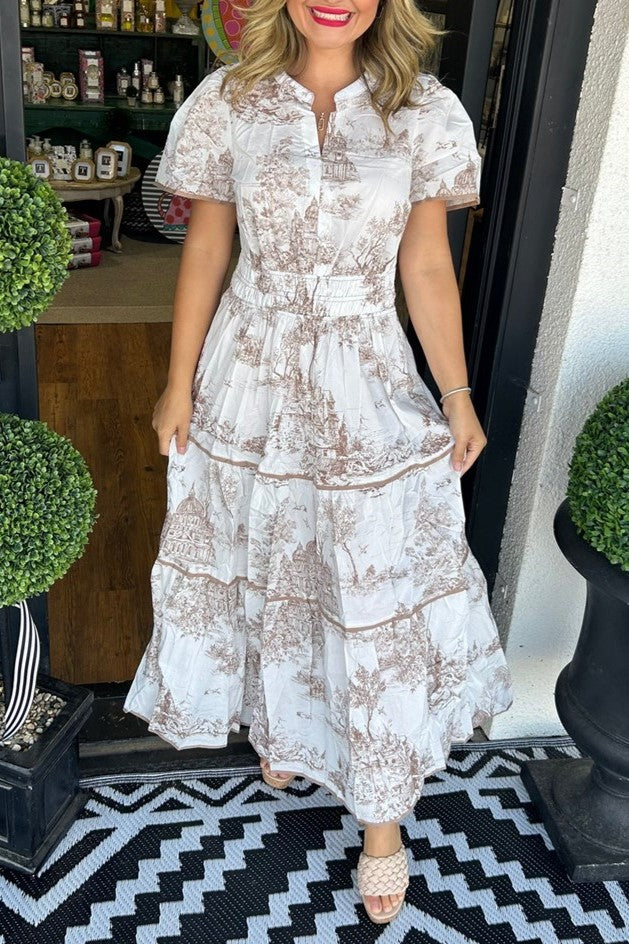 Toile Print Puff Sleeve Tiered Maxi Dress - brown - 2