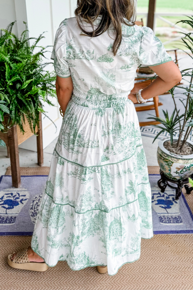 Toile Print Puff Sleeve Tiered Maxi Dress - green - 1