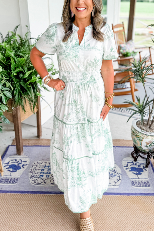 Toile Print Puff Sleeve Tiered Maxi Dress - green - 2