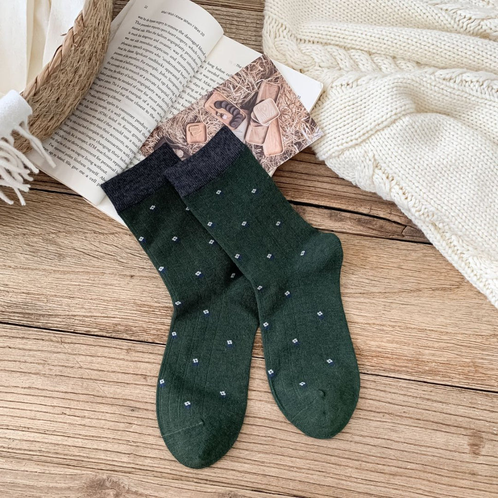 Petite Floral Ribbed Crew Socks - Green