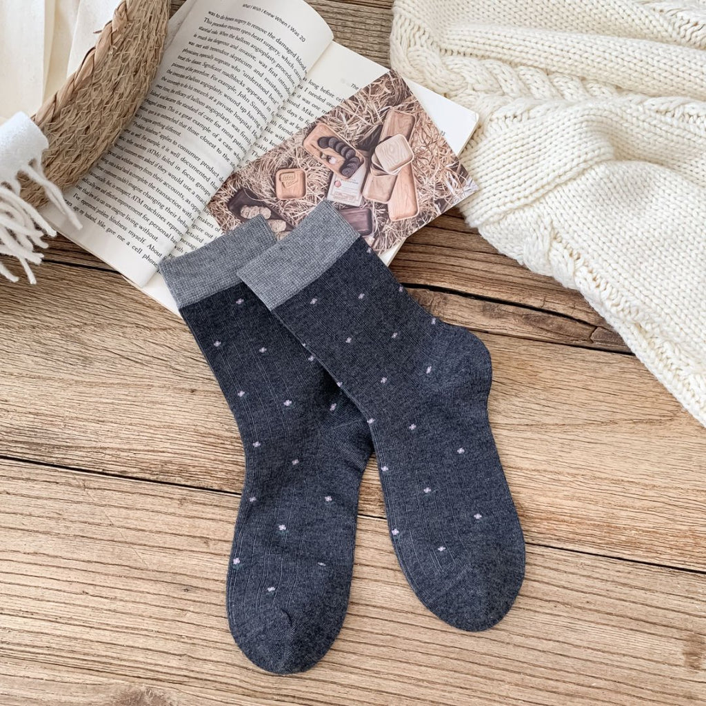 Petite Floral Ribbed Crew Socks - Grey