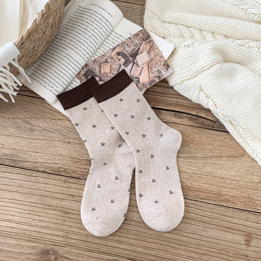 Petite Floral Ribbed Crew Socks - Khaki
