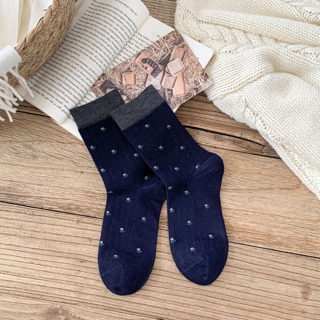 Petite Floral Ribbed Crew Socks - Navy