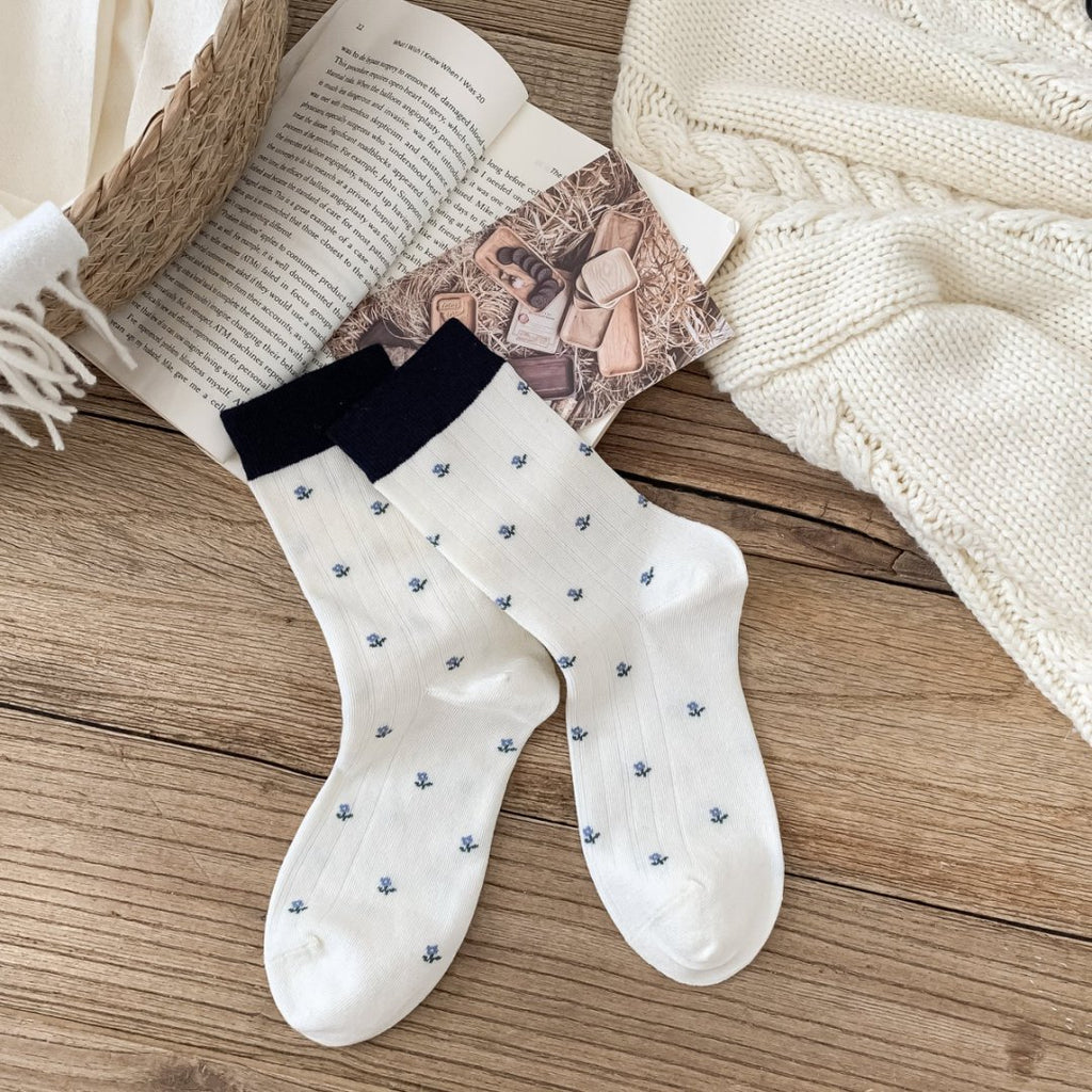 Petite Floral Ribbed Crew Socks - White