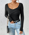Twist Front Long Sleeve Fitted Top - Black