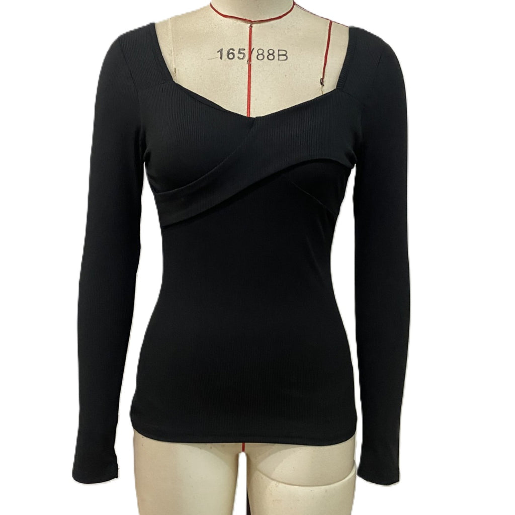 Twist Front Long Sleeve Fitted Top - Black - 1