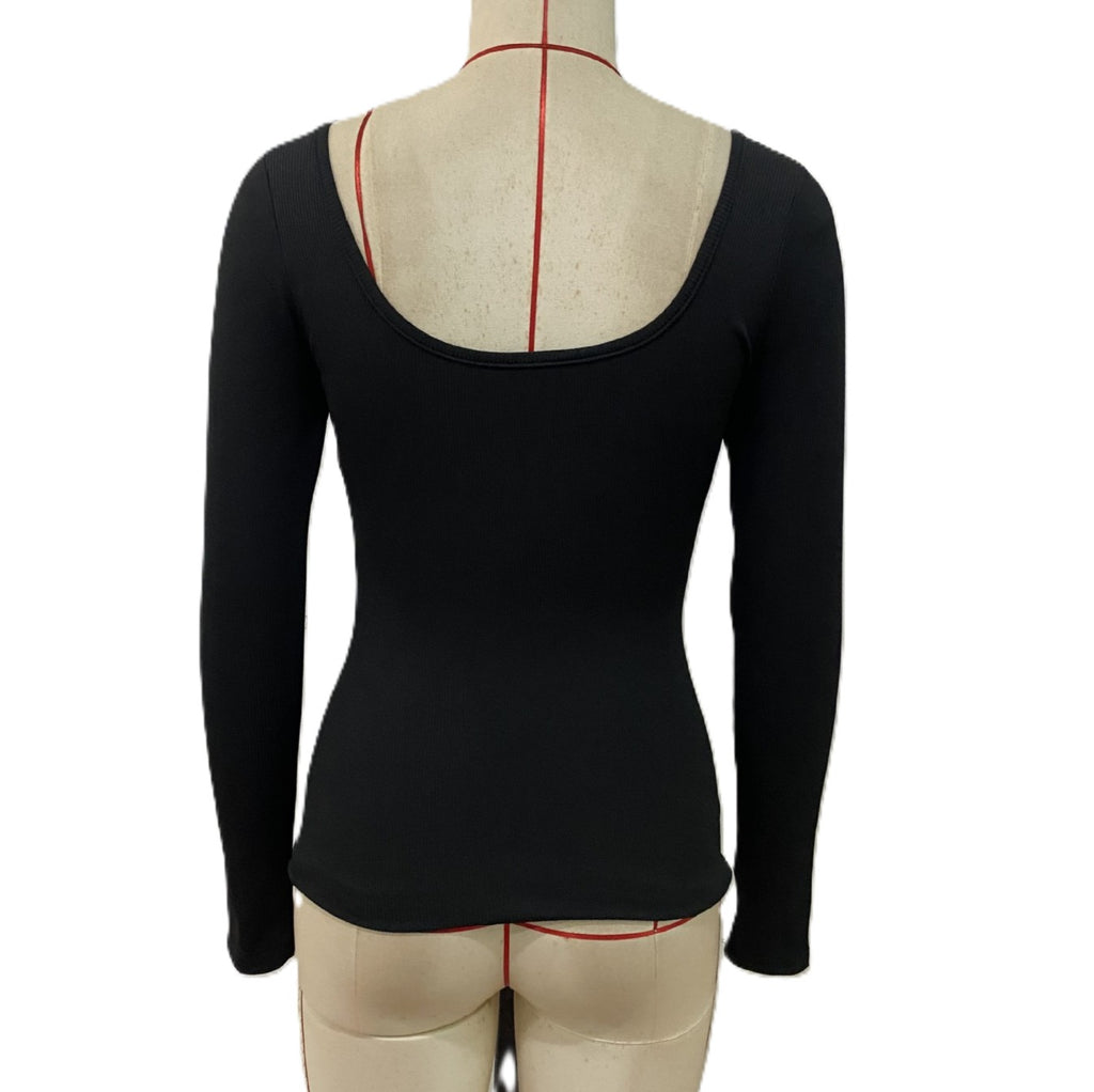 Twist Front Long Sleeve Fitted Top - Black - 2