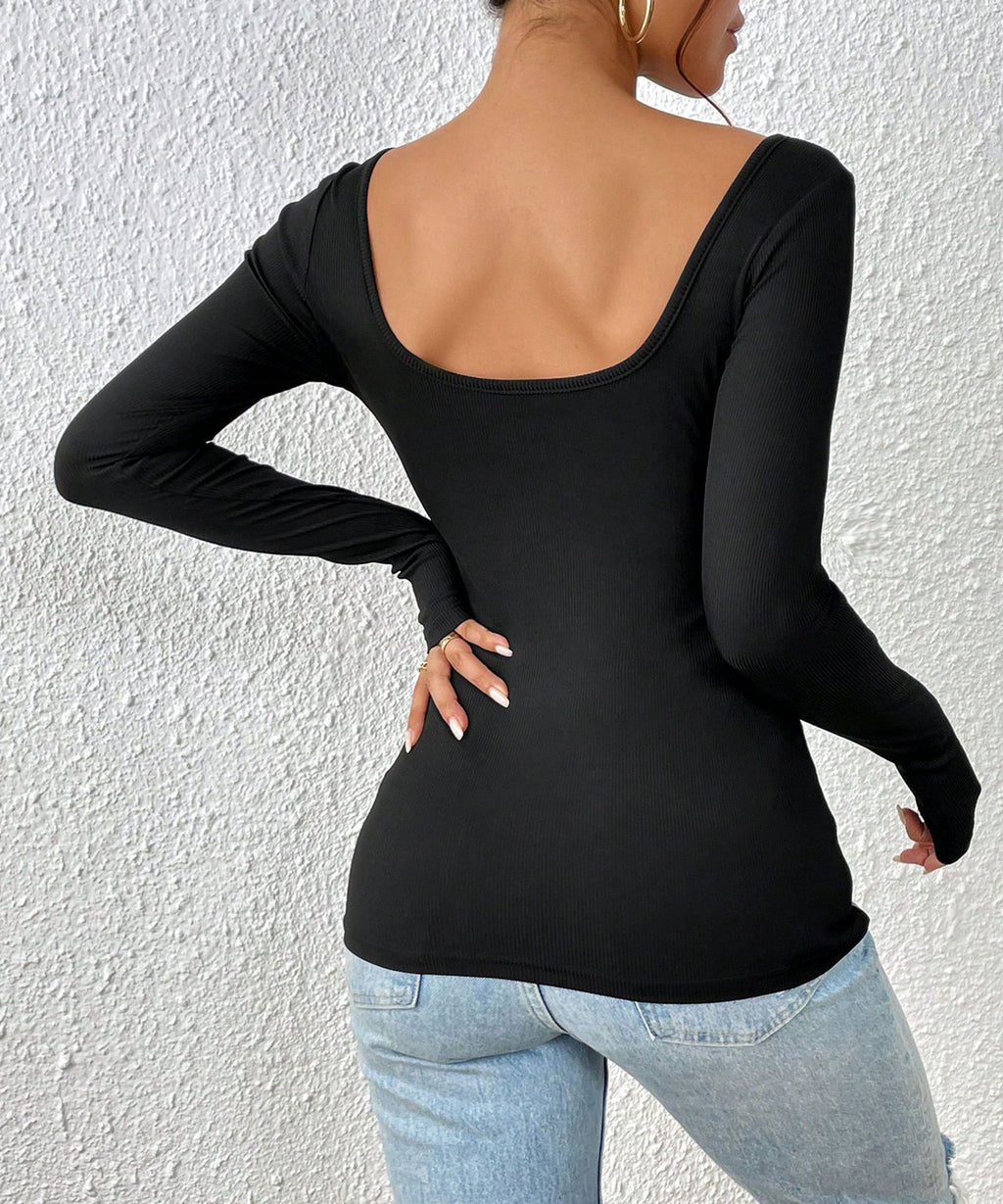 Twist Front Long Sleeve Fitted Top - Black - 4