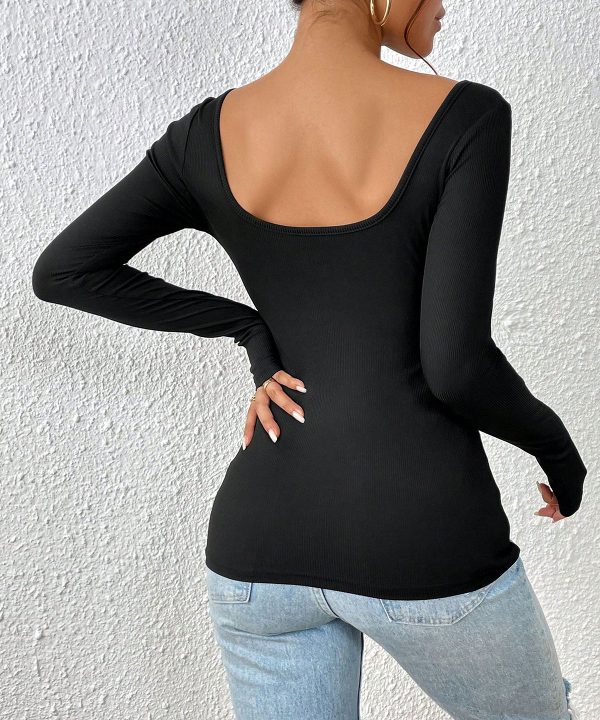 Twist Front Long Sleeve Fitted Top - Black - 4