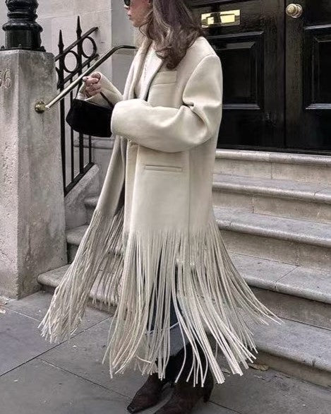 Fringe Hem Longline Wool Blend Coat - Beige