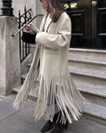 Fringe Hem Longline Wool Blend Coat - Beige