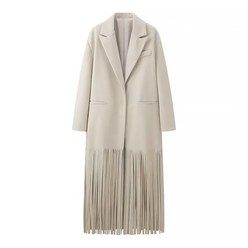 Fringe Hem Longline Wool Blend Coat - Beige - 1