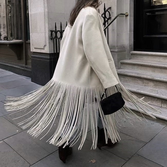 Fringe Hem Longline Wool Blend Coat - Beige - 10