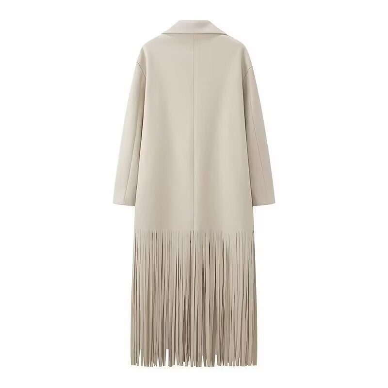 Fringe Hem Longline Wool Blend Coat - Beige - 2