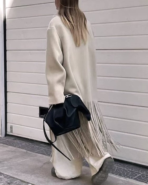 Fringe Hem Longline Wool Blend Coat - Beige - 9