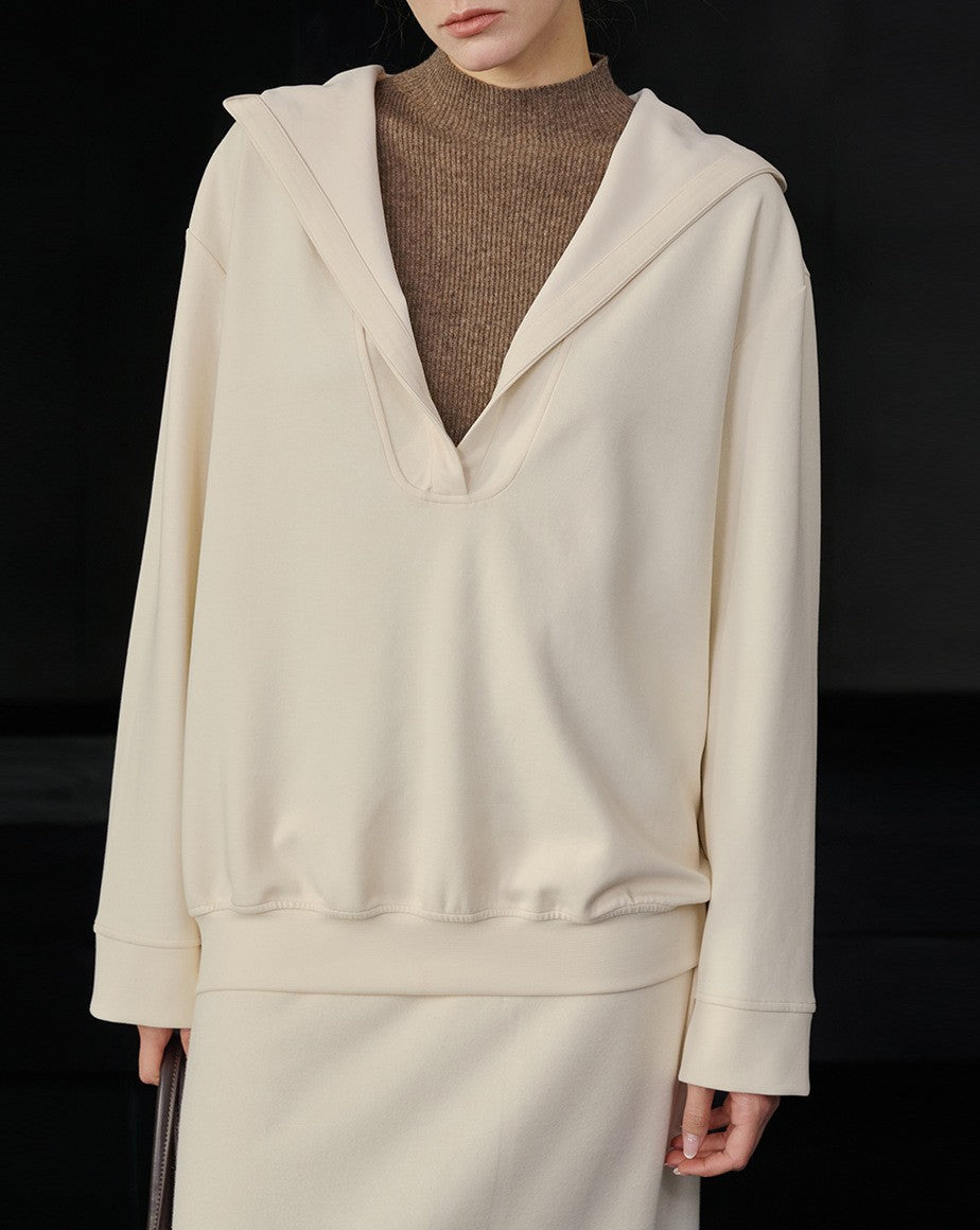 Oversized Split Neck Hooded Sweatshirt - Apricot