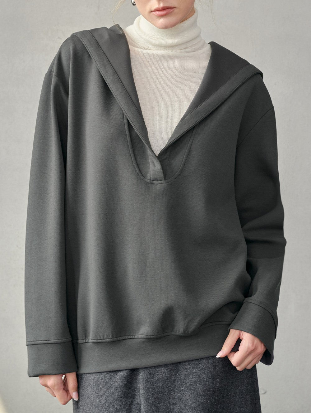 Oversized Split Neck Hooded Sweatshirt - Grey