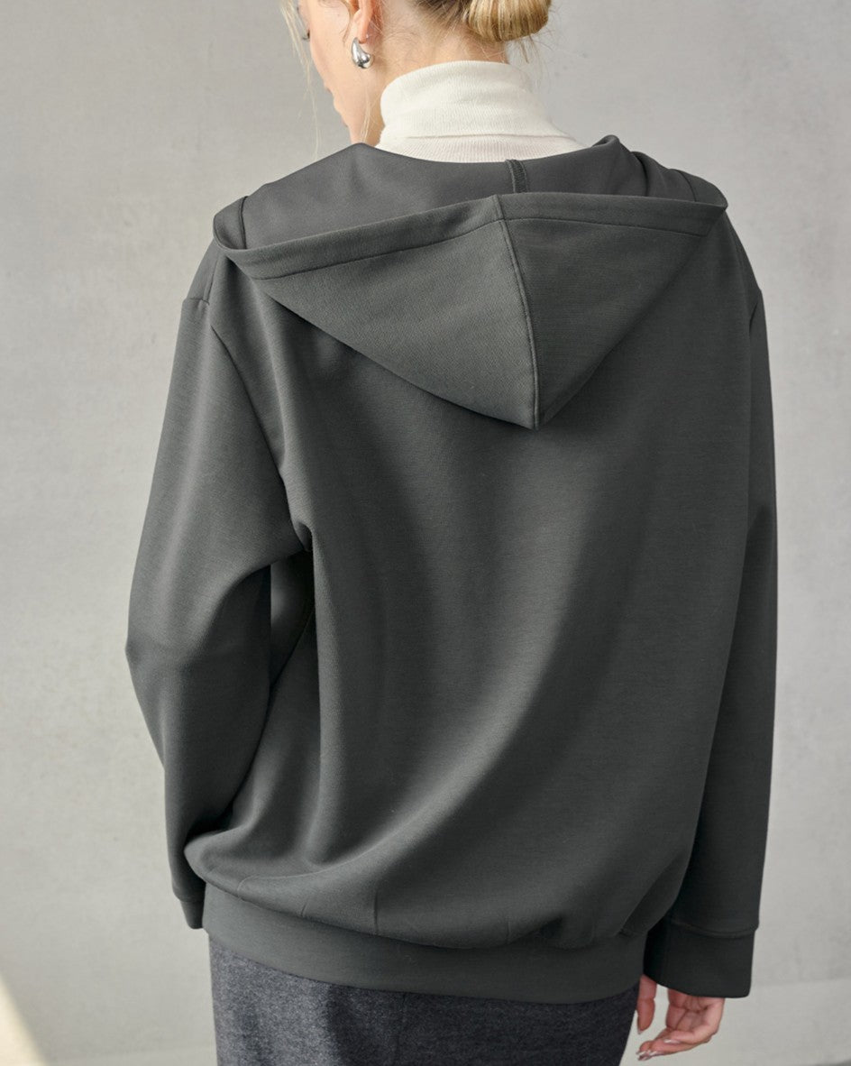 Oversized Split Neck Hooded Sweatshirt - Grey - 1