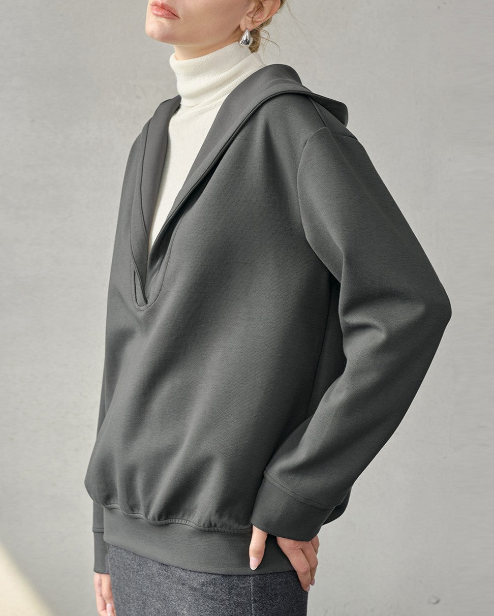 Oversized Split Neck Hooded Sweatshirt - Grey - 2