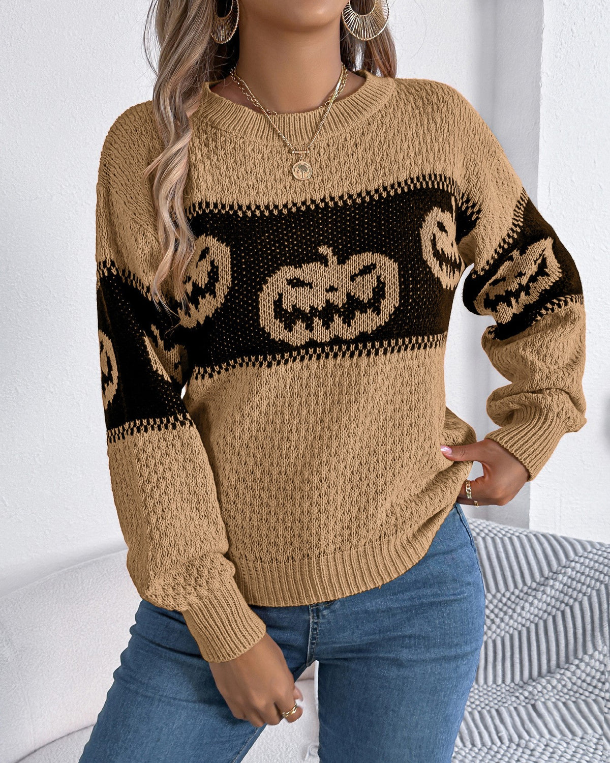 Jack O Lantern Jacquard Knit Halloween Sweater - Khaki