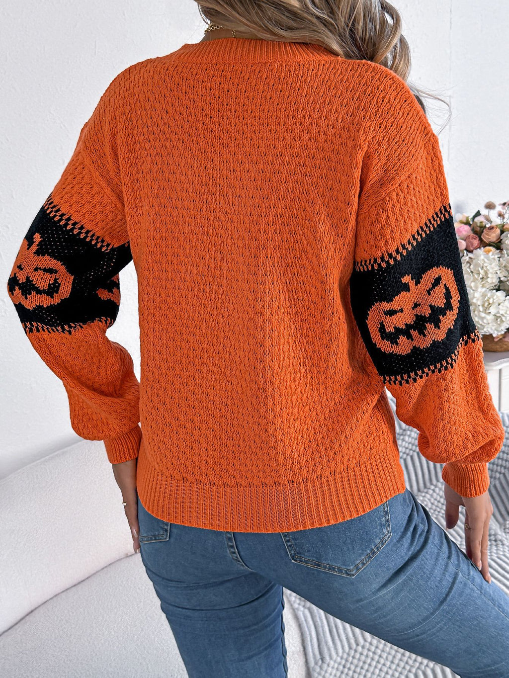 Jack O Lantern Jacquard Knit Halloween Sweater - Orange - 1