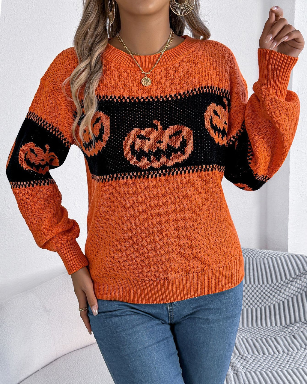 Jack O Lantern Jacquard Knit Halloween Sweater - Orange - 2