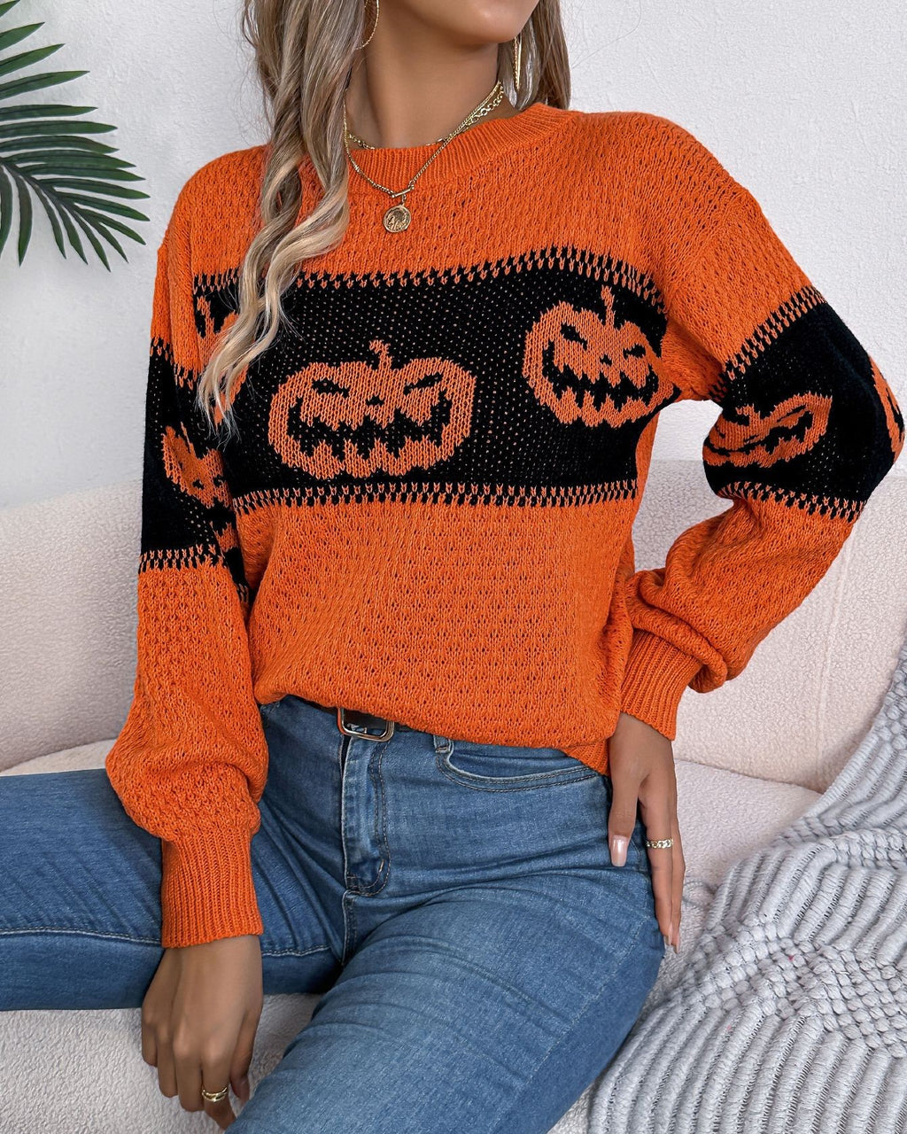 Jack O Lantern Jacquard Knit Halloween Sweater - Orange - 3
