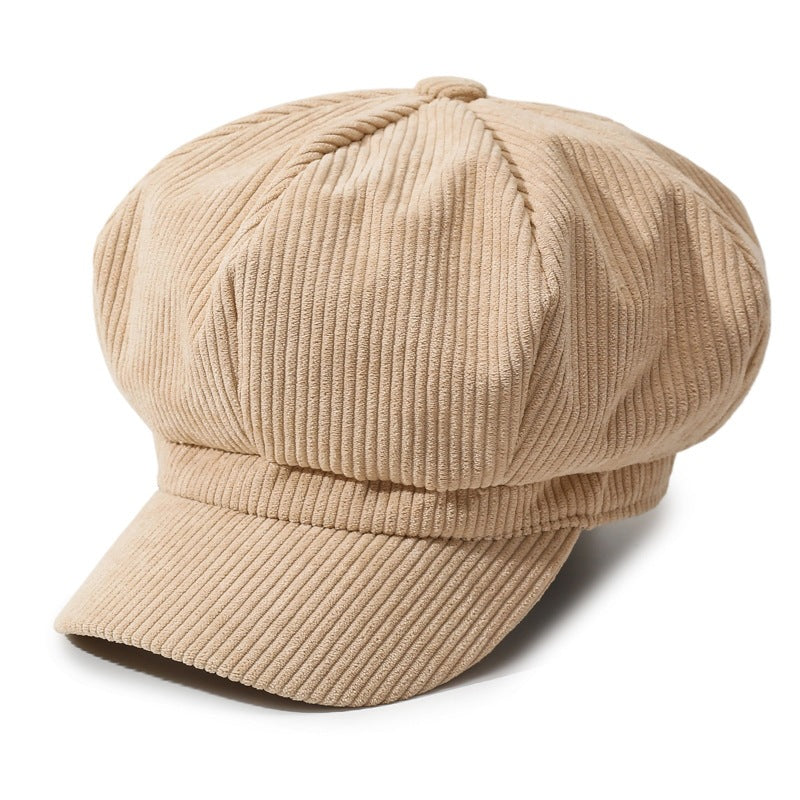 Ribbed Corduroy Eight Panel Newsboy Cap - Beige