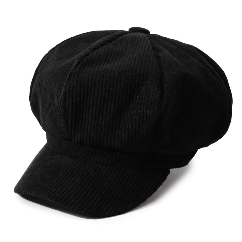 Ribbed Corduroy Eight Panel Newsboy Cap - Black