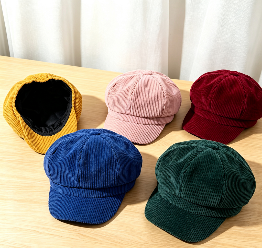 Ribbed Corduroy Eight Panel Newsboy Cap - Camel - 2