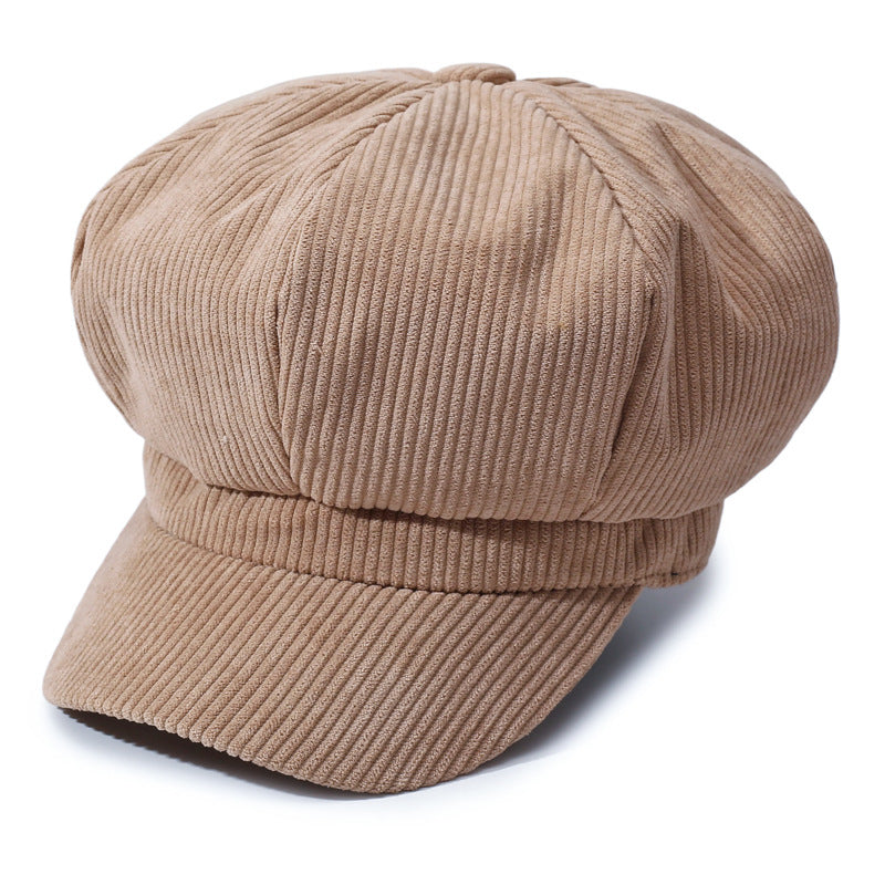 Ribbed Corduroy Eight Panel Newsboy Cap - Khaki