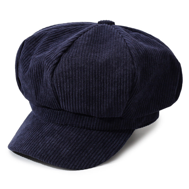 Ribbed Corduroy Eight Panel Newsboy Cap - Navy