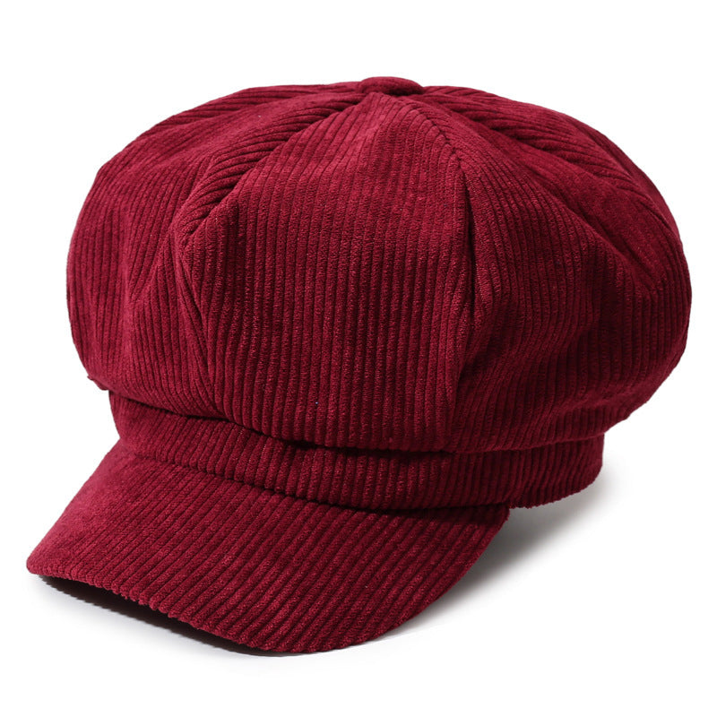 Ribbed Corduroy Eight Panel Newsboy Cap - Wine_Red