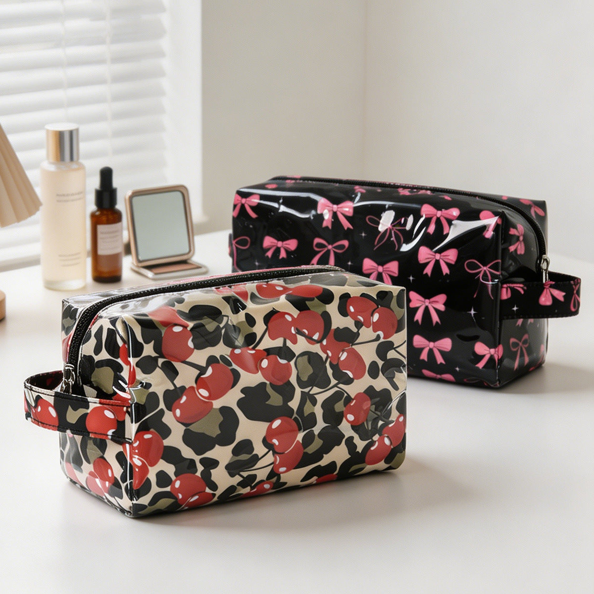 Glossy PVC Zip Top Cosmetic Pouch - Cherry