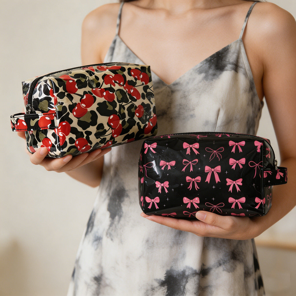 Glossy PVC Zip Top Cosmetic Pouch - Cherry - 3