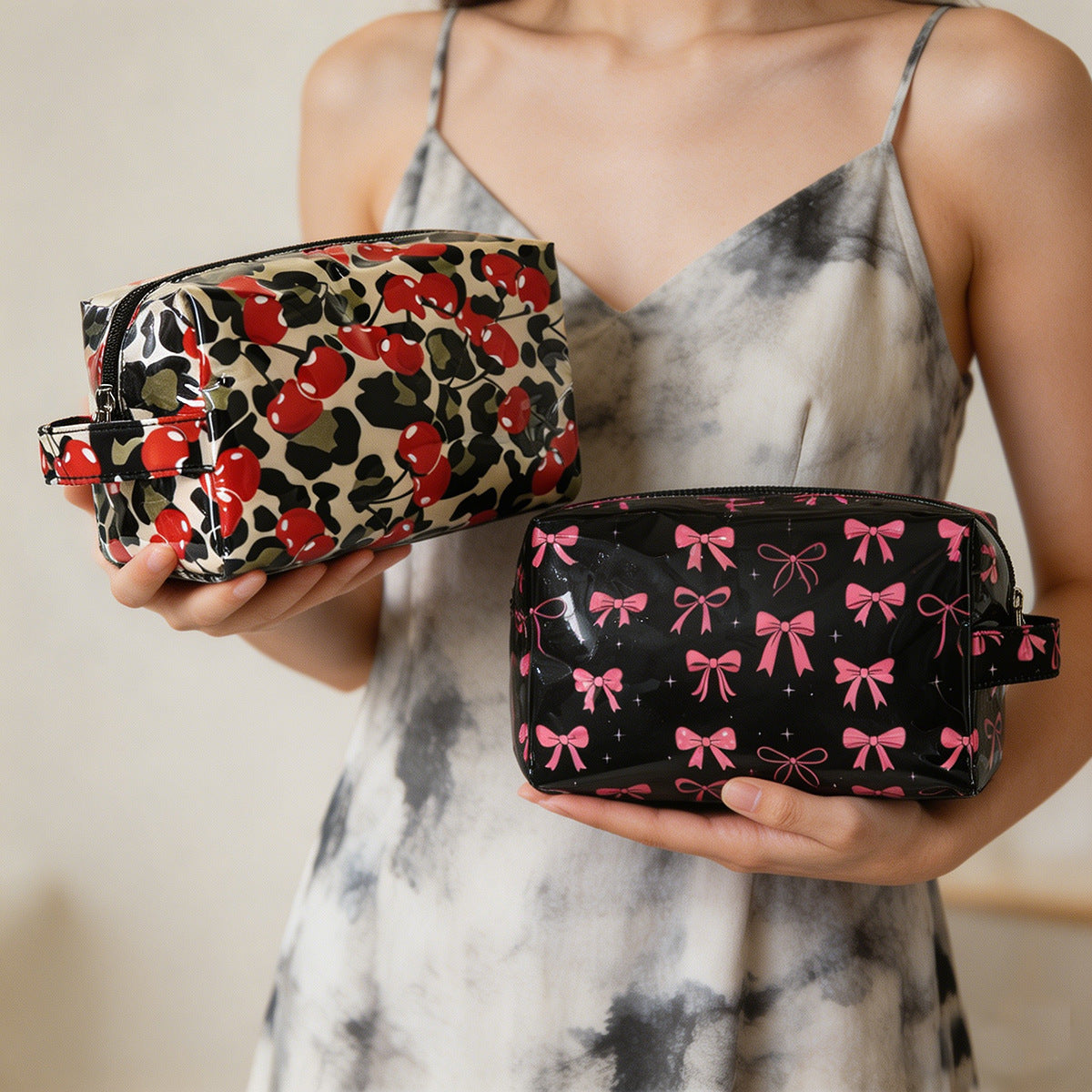Glossy PVC Zip Top Cosmetic Pouch - Cherry - 3