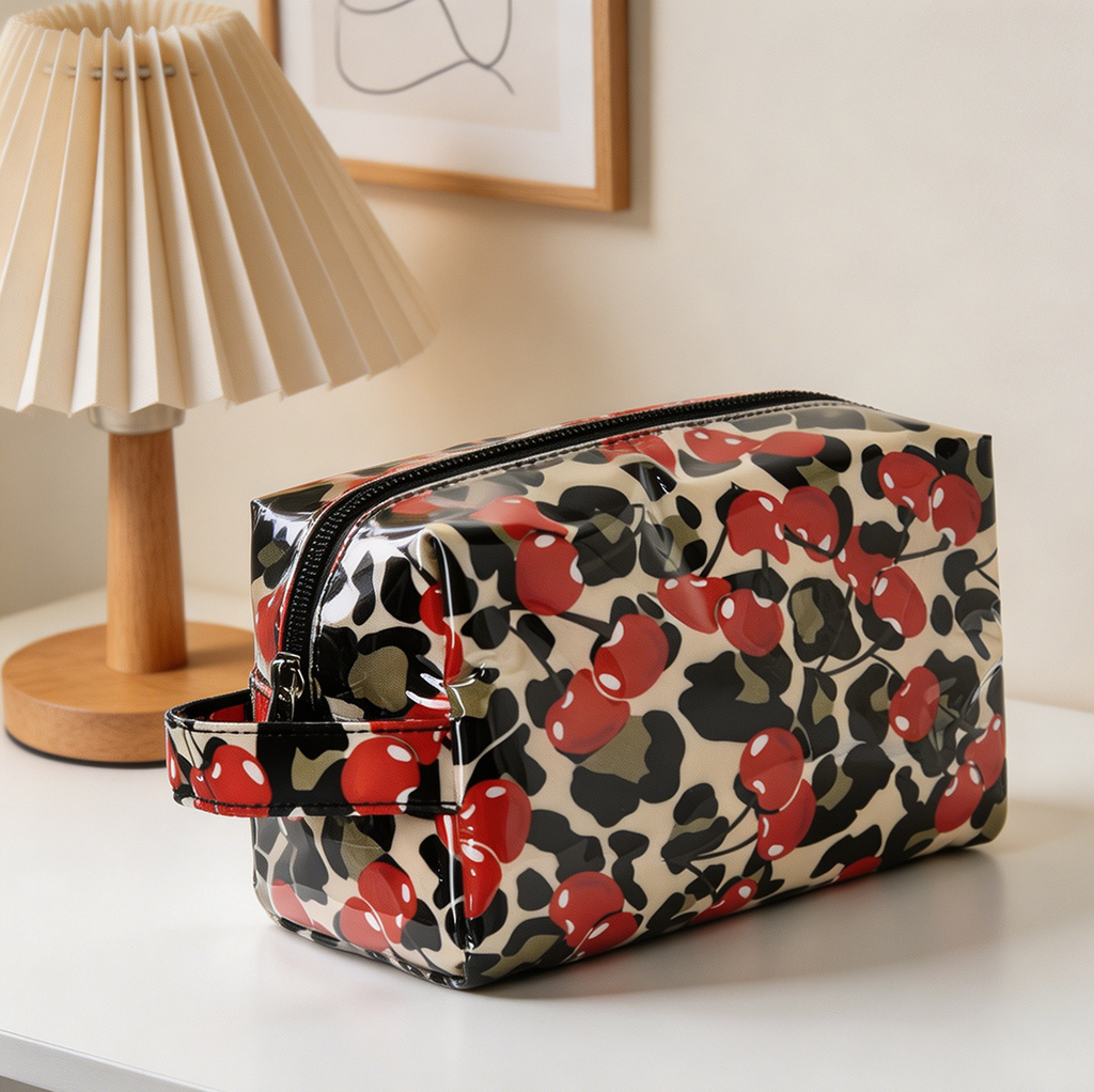 Glossy PVC Zip Top Cosmetic Pouch - Cherry - 4