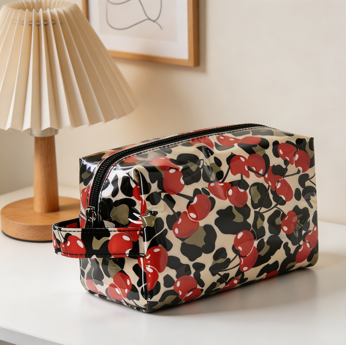 Glossy PVC Zip Top Cosmetic Pouch - Cherry - 4