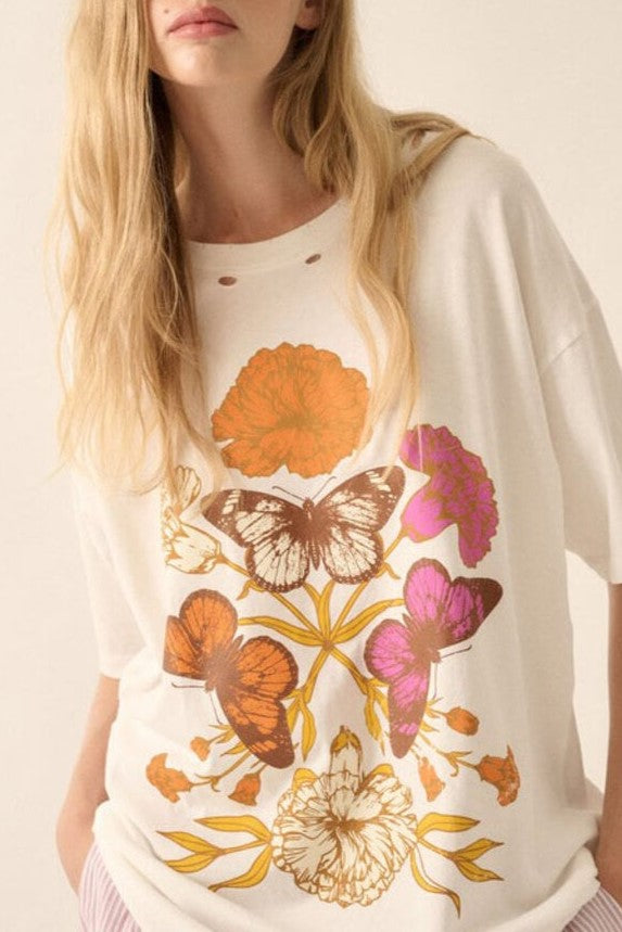 Distressed Graphic Print Oversized Boyfriend Tee - Butterfly - 1